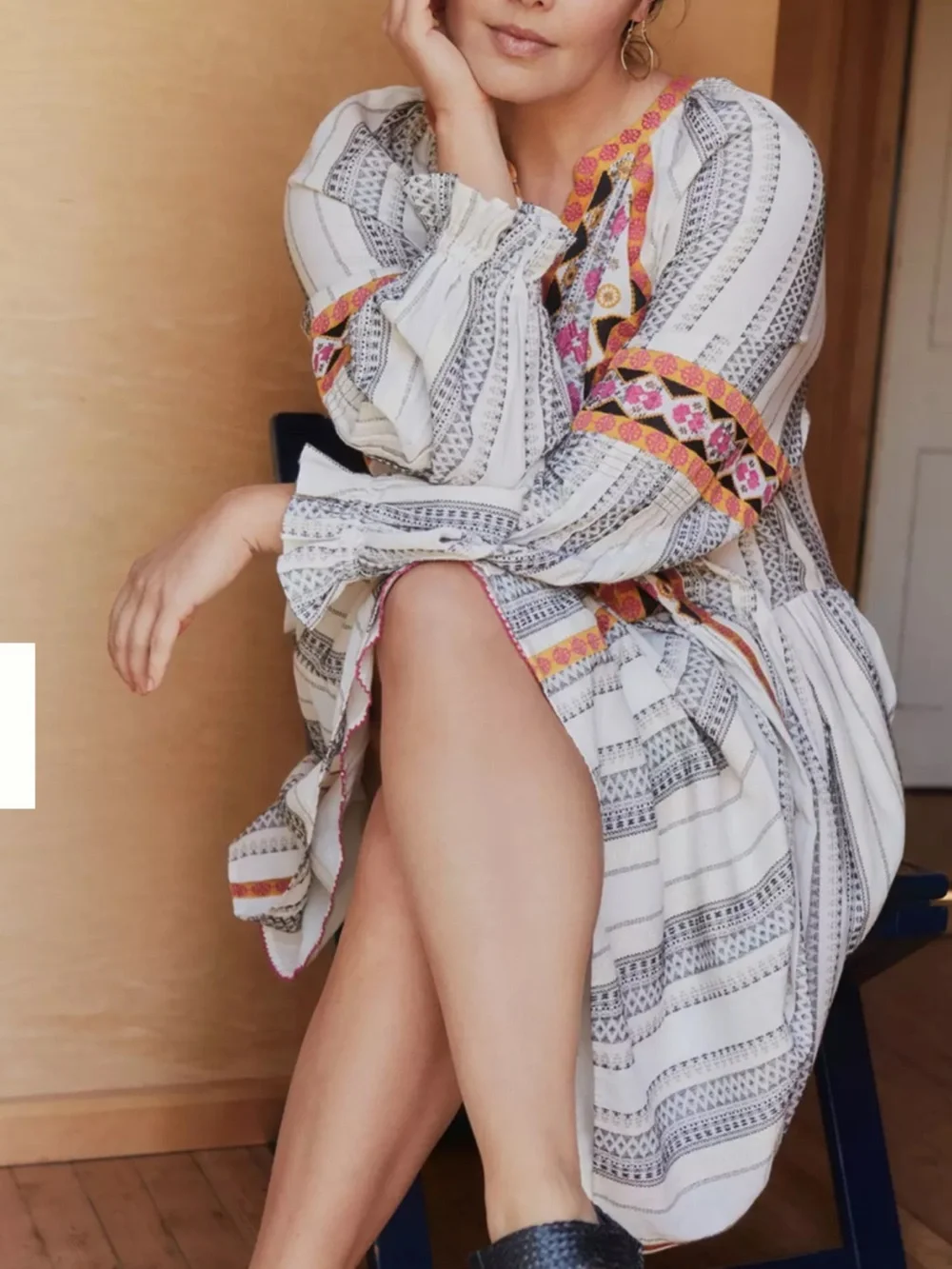 Anthropologie Cream Midi Dress with Pink & Orange Embroidery - Picture 7 of 13